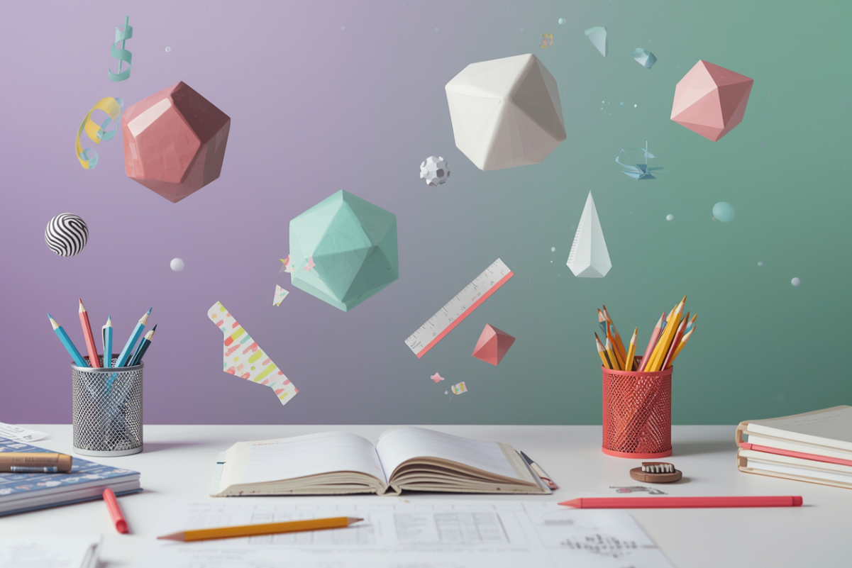 geometriai alakzatok egy tervezőasztal fölött